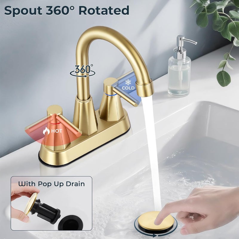 KHQF 4 inches Bathroom Faucet for 3 Hole,2-Handle Bathroom Sink Faucets with Pop Up Drain (Brush Gold) - Image 5